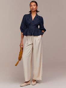 COSMINA Women's V-Neck Ruched Casual Versatile Date Everyday Denim Top - Dark Wash - View 3