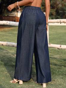 Breezaya 女士优雅休闲弹力腰直筒宽松百搭牛仔裤，四季皆宜 - 深色水洗藍 - 查看 2