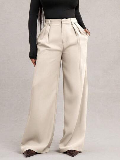 Radiana Pantalones anchos de pierna ancha sueltos de moda minimalista para mujer talla grande en beige, pantalones de oficina, pantalones anchos de pierna ancha en beige, pantalones de cintura alta de pierna ancha, pantalones de traje beige, primavera/verano