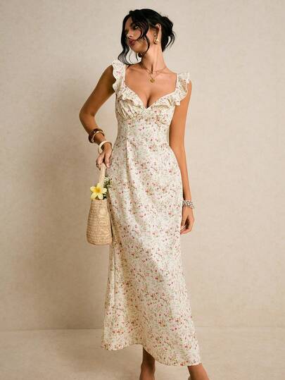 Poéselle Women's Floral Ruffle Sweetheart Maxi Dress – Vintage Cottagecore Boho Summer Sundress Cottagecore Dress Floral Maxi Dress Summer Wedding Guest Dress Milkmaid Dress Flutter Sleeve Sundress Women's Summer Vacation Ditsy Floral Ruffle Hem Midi Dress Floral Dress  Wedding Guest Dresses Summer Holiday Outfits
