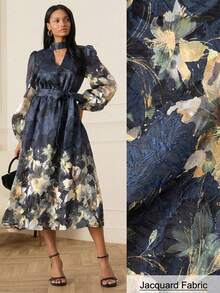 Lilora Chic Multicolor Floral Woven Fabric Dress For Women Keyhole Neckline Puff Long Sleeve A Line Flared Midi Length - Multicolor - View 8