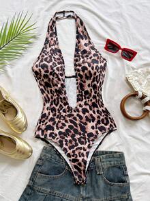Soleia Women's Fashionable Leopard Print Deep V-Neck Halter Bodysuit, Summer - Multicolor - View 3