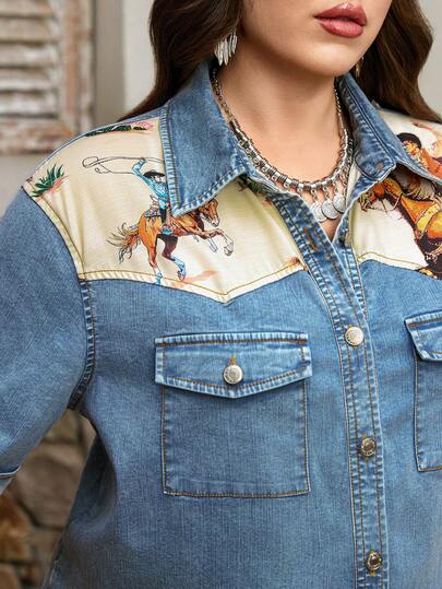 SHEIN LUNE Western Pattern Plus Size Short Sleeve Top, Summer Tops Western Shirts Western Button Up Women Cowgirl Shirt For Women