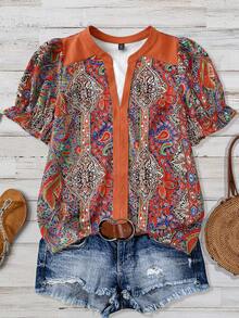 Linhara Camicetta in stile retrò con stampa in stile western, patchwork e motivi boho, adatta per il tempo libero, le vacanze e i festival musicali, in tessuto simile al lino, ideale per l'estate, per donne di taglia comoda - Castano - Visualizzare 5