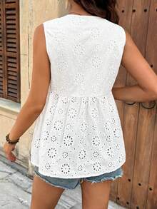 SHEIN Maternity Solid Color Round Neck Hollow Embroidery Knotted Casual Sleeveless Blouse, Summer For Women, Spring Women , Spring Breaks - White - View 2