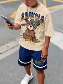 SHEIN 男童休闲简约T恤套装，经典时尚卡通朋克熊图案印花，机械未来科技金属熊图案印花，适合春夏穿着 - 彩色 - 查看 1