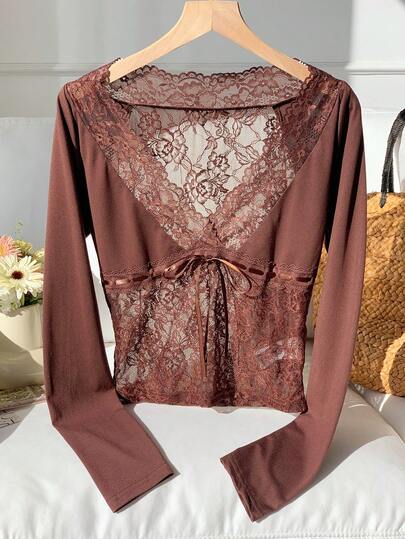 Comfortcana 女士V领蕾丝性感百搭约会之夜长袖T恤