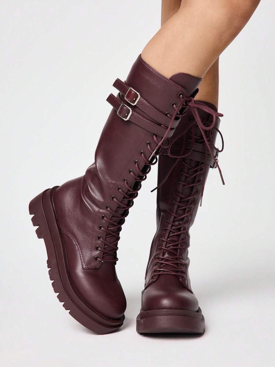 ROMWE Women's High School Boots White Long Boots, Dark Rock Punk Goth Boots, Belt Buckle Strap Motorcycle Boots, Y2K Party Themed High Boots, College Style Knight Boots Valentine's Day - Burgundy leather - View 1