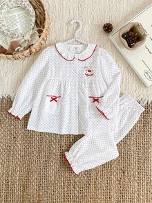 2pcs/Set Girls Casual Cardigans With Cute Horse Print, Contrast Color Pockets & Bow Decor - Red and White - View 4
