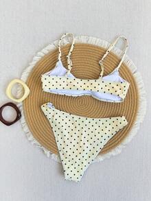 Swim Mod 优雅度假波西米亚风海军蓝白波点可调节肩带V领性感比基尼套装 - 彩色 - 查看 2