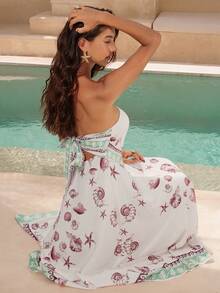 NOVVYNE Women's Seashell Print Asymmetrical Dress, French Romantic Beach Vacation Style, Summer - Multicolor - View 5