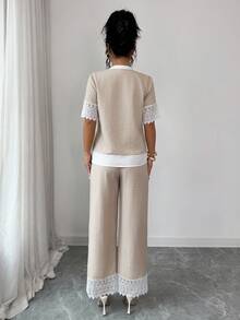 SHEIN Elenzya 优雅浪漫花卉蕾丝边宽松上衣+裤子两件套，适合度假和通勤。 - 杏色 - 查看 2