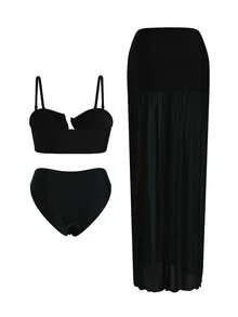 Swim Oasis Conjunto de biquíni feminino de 3 peças, estilo retrô moderno, cor sólida azul com detalhes metálicos, top tomara que caia com alças ajustáveis e saia longa franzida de cintura alta. Ideal para natação, praia e momentos de lazer. - Preto - Ver 2