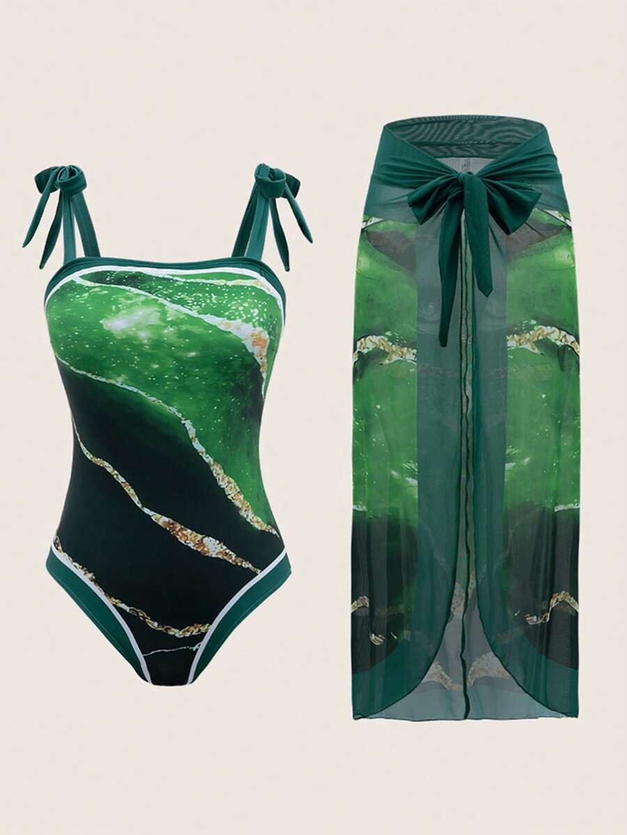 Swim Oasis 女士撞色不对称印花连体泳衣,夏季 - 綠色 - 查看 1