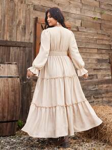 Ceyna Vestido largo con mangas farol, diseño de cordón elástico en la cintura, volantes en capas y botones de madera delanteros, para mujer, vestido romántico de vacaciones, vestido de temporada primaveral y de verano, vestido modesto, talla grande - Caqui - Ver 3