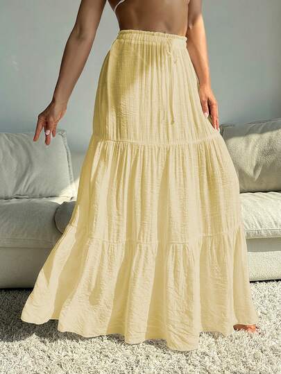 Swim Vcay ملابس صيفية للنساء، غطاء شيفون متعدد الطبقات مع تنورة، لون أحادي