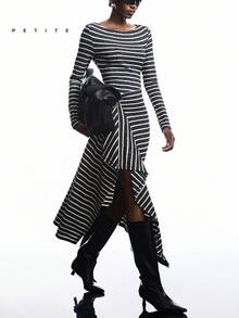 LYSMO Petite 2026 New Arrive Minimalism Spring/Summer Women's Balck And White Stripe Fashion Asymmetrical Hem Long Dress Spring Outfit Women Business Casual Office Outfits Going Out Dress - Grey - View 5