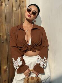 Dazy Plus Plus Size Women Brown Solid Color Loose Embroidered Decor Turndown Collar Long Sleeve Casual Shirt, Spring/Autumn Vacation Outfits Women - Khaki - View 5