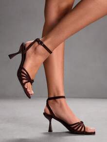 CUCCOO SZL 女士多带系带方头高跟凉鞋，性感时尚闪亮金色细高跟，适合夜店、派对、音乐节等场合。 - 深棕色 - 查看 7