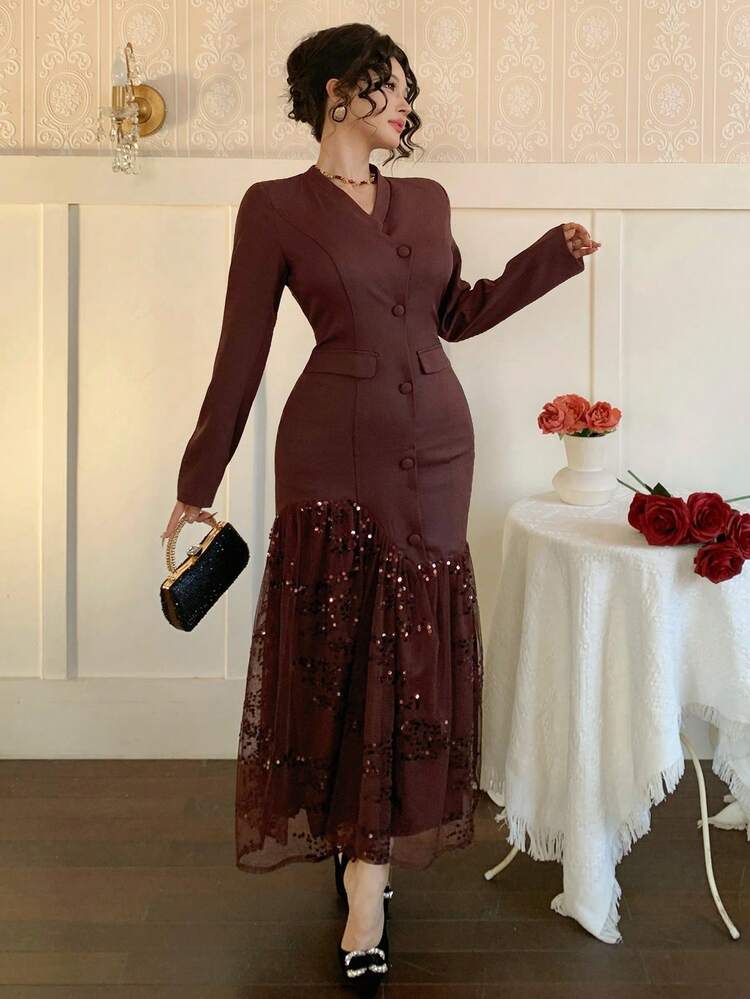 Elegant Brown Autumn Shirt Dress,Sequin Shiny Mesh Patchwork Asymmetric Hem Slim Fit Party Gown For Dining,Weddings,Spring/Summer Guest Sundress