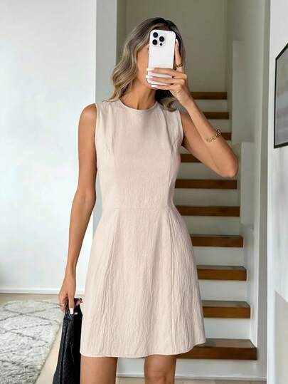 Easowa Apricot Sleeveless 100% Cotton Mini Dress For Women, Suitable For Minimalist Commuting And Comfortable Vacation, Spring/Summer Summer Dress Women's Casual Dress