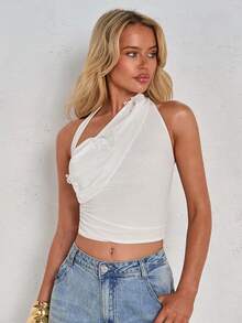 Glamine Blusa blanca elegante de mujer con volantes asimétricos sin mangas, adecuada para vacaciones - Blanco - Ver 5