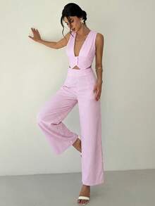 Firerie 两件套女士优雅休闲简约通勤办公日常度假V领无袖蓝白条纹背心和高腰阔腿直筒蓝白条纹裤，夏威夷度假套装，得体大方，女士沙滩装，机场装，度假装，教师装 - 粉色 - 查看 7