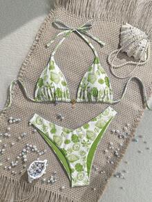 Swim Mod 2pcs/Set Summer Vacation Random Gold Shell Print Halter Triangle Bikini Top And High Cut Swim Bottoms Sexy Swimwear Set Boho Bikini Set Boho Bathing Suit Vacation Bikini Set Pattern Bikini Bikini Set Summer Beach Bikini Set Floral Bikini Set - Olive Green - View 1