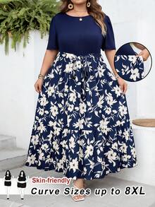 SHEIN CURVE+ Váy ngắn tay dài dáng suông, size US22, thích hợp cho lễ hội âm nhạc, kỳ nghỉ biển, phong cách bohemian mùa hè, thường ngày, in hoa, phối nhiều mảnh. - Nhiều màu - Xem 10