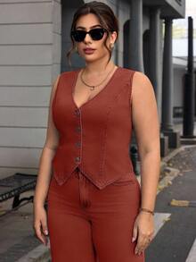 Chaqueta de mezclilla informal con cuello en V y una sola hilera de botones para mujer de talla grande - Naranja - Ver 5