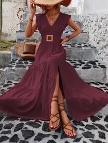 EMERY ROSE Ladies" Solid Color V-Neck Ruffle Sleeve Side Split Summer Dress Maxi Vacation Beach Outfits Women - Maroon - View 7