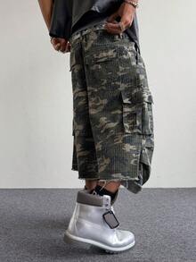 PAVTROS Men's Casual Street Style Multi-Pocket Crochet Camouflage Denim Shorts - Army Green - View 2