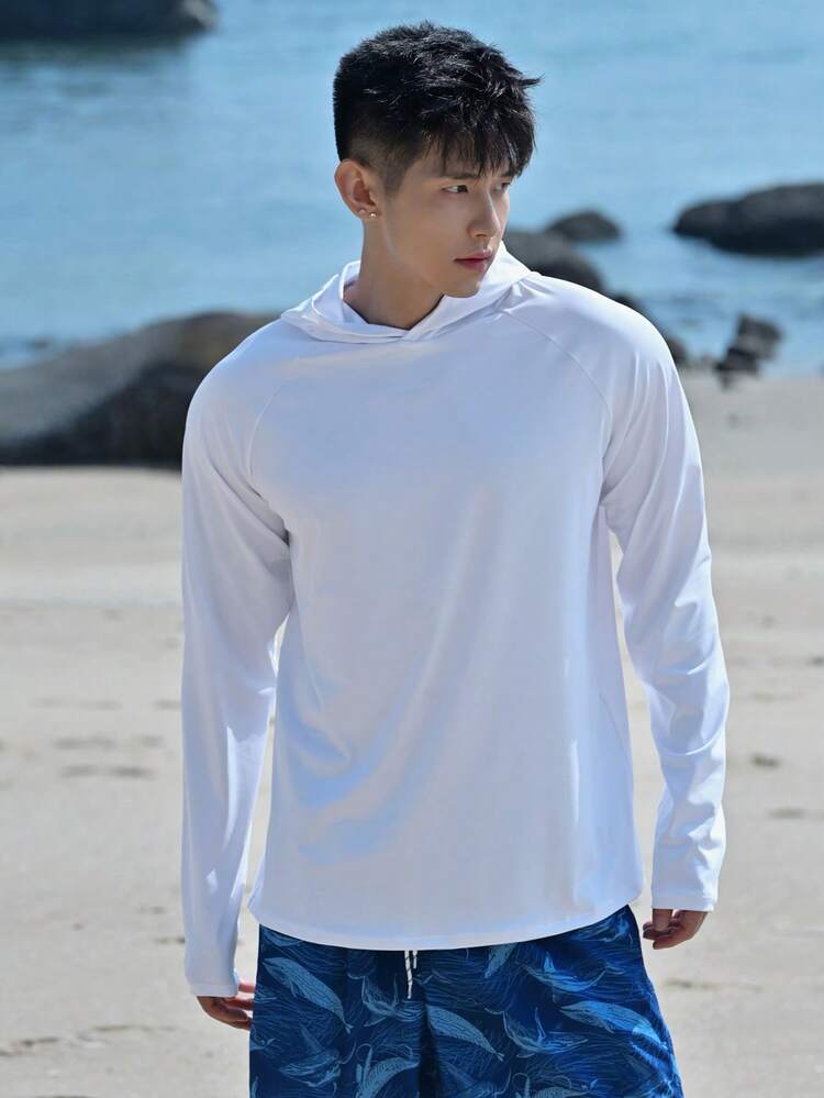 Men's Solid Color Hooded Long Sleeve Rash Guard, Summer