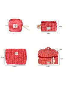 Red Grid Makeup Bag, Portable Quilted Checkered Toiletry Pouch With Large Capacity For Travel - Red - View 7