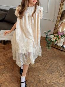 DAZY Tween Girl Jacquard Crew Neck Short Puff Sleeve Ruffle Hem Cute Dress - Beige - View 7