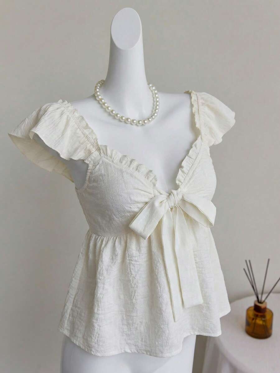 Elamini Women's White V-Neck Frill Tie Waist Bow Flutter Sleeve Blouse, Sexy & Sweet European Style For Beach Vacation - White - View 1