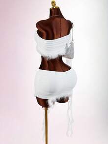Amplova Conjunto de 2 piezas para mujer, top corto de un hombro de manga larga con textura esponjosa y minifalda ajustada con volantes, todo blanco, ropa de fiesta, otoño, estilo años 70, cumpleaños, Y2K - Blanco - Ver 12