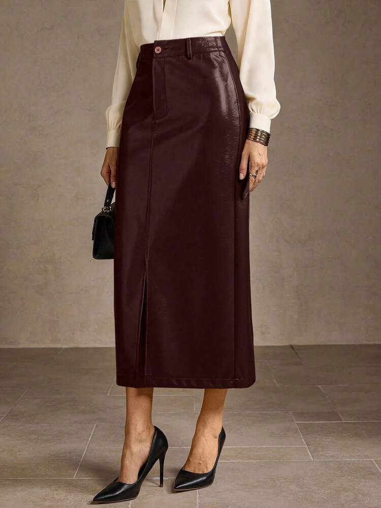 PU LEATHER SPLIT FRONT STRAIGHT SKIRT