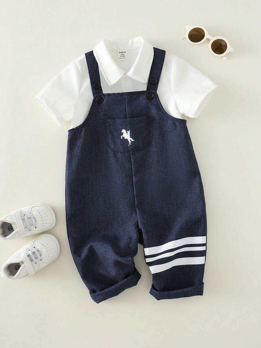 SHEIN Bộ quần yếm màu xanh hải quân dáng rộng, dễ thương cho bé trai và bé gái, thích hợp mặc vào mùa xuân/hè. - Màu xanh hải quân - Xem 1