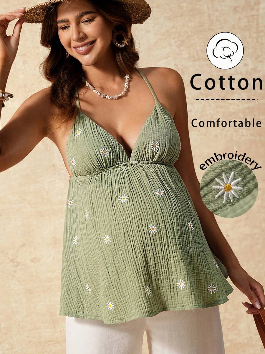 Boho Mama Pregnant Women's Summer Casual Vacation Textured Floral Embroidery Camisole - Apricot - View 1