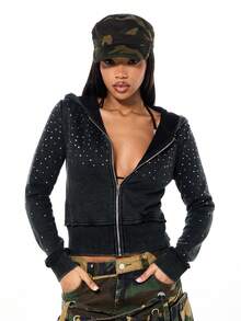 SUMWON WOMEN Cropped Full Zip Hoodie With Rhinestone Embellished Script Design And Polka Dot Pattern Long Sleeve Washed Black - Black - View 2