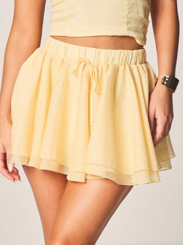 MISSGUIDED Polka Dot Mini Skirt Flowy Chiffon Ruffle Layered High Waisted Summer Party Feminine Vintage Retro Casual Elastic Waistband Tiered Short Skirt