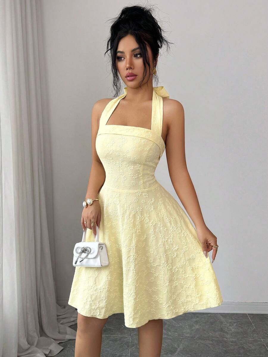 Elenzga 新款露背系带蝴蝶结提花面料年轻优雅可爱女士短裙 - 黃色 - 查看 1