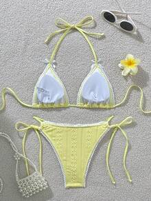 Swim Vcay Women's Sweet Bow Embossed Bikini Set, Beach Vacation Summer - Yellow - View 2