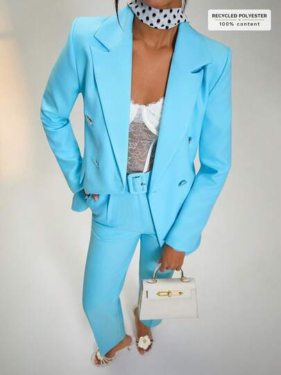 EURMUSE Women's Baby Blue Double Breasted Blazer Suit Set With Silver Buttons
