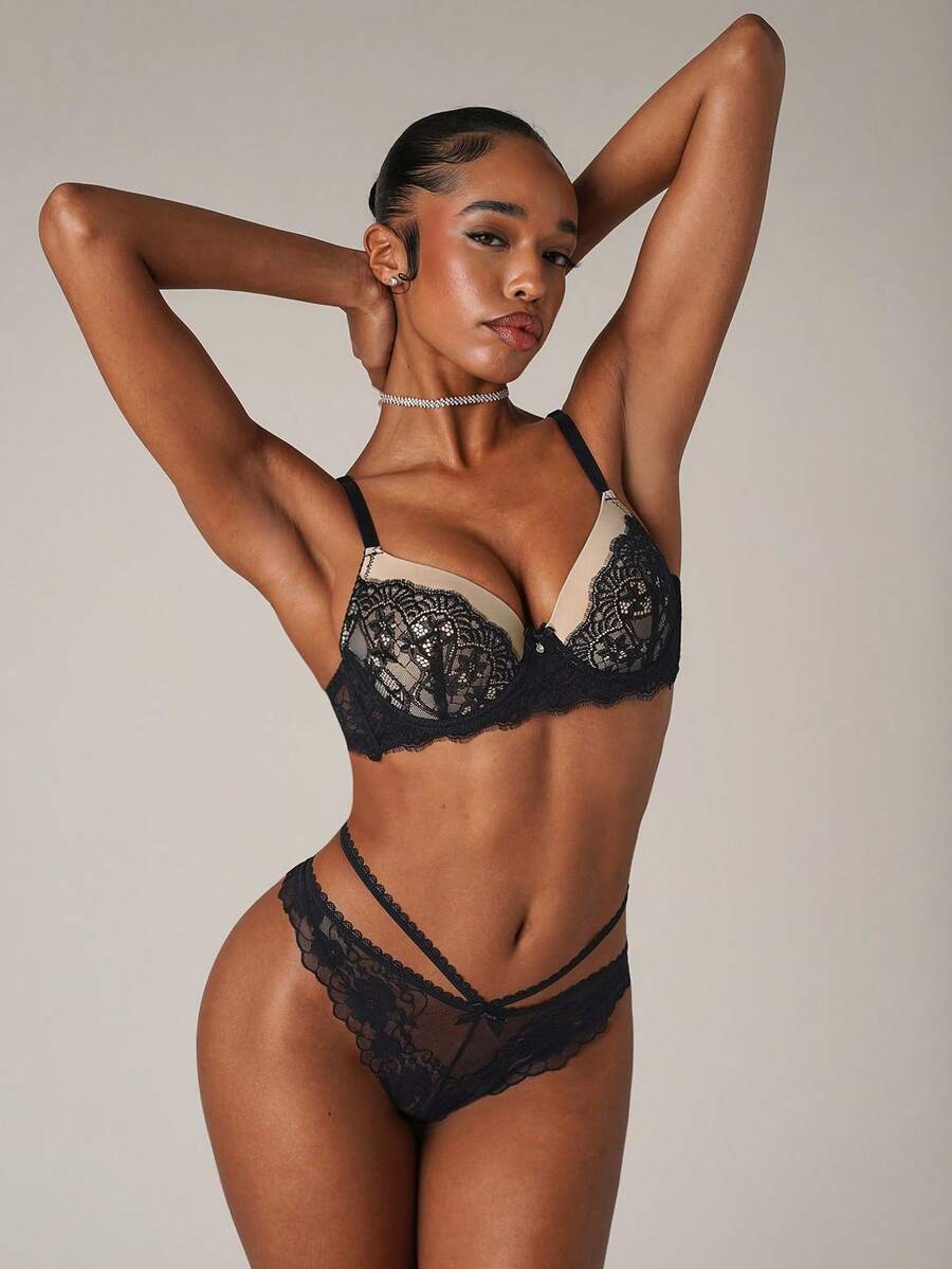 SHEIN BAE 1 件套对比色蕾丝性感聚拢浪漫钢圈文胸套装,适合小胸内衣 - 彩色 - 查看 1