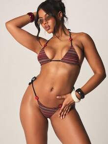 MISSGUIDED Crochet Bikini Set Triangle Top String Bottom Halter Neck Tie Detail Striped Pattern Beach Swimwear Two Piece Summer Vacation Bohemian Style Beachwear - Multicolor - View 1