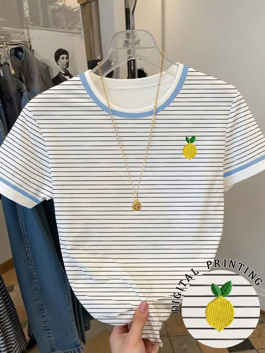 SHEIN Camiseta de mujer de manga corta, cuello redondo y rayas, de estilo casual para el verano - Multicolor - Ver 1