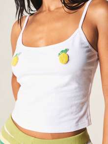 MISSGUIDED Embroidered Lemon Patch Tank Top With Spaghetti Straps Cropped Fit Summer Camisole - White - View 5