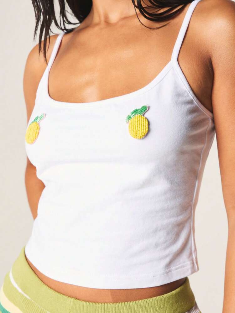 MISSGUIDED Embroidered Lemon Patch Tank Top With Spaghetti Straps Cropped Fit Summer Camisole